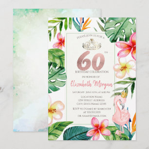 Invitation Fleurs Feuilles de palme tropicale Flamant rose ro