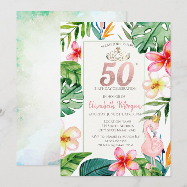Invitation Fleurs Feuilles de palme tropicale Flamant rose ro (Devant / Derrière)