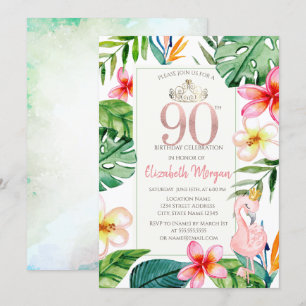 Invitation Fleurs Feuilles de palme tropicale Flamant rose ro