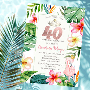 Invitation Fleurs Feuilles de palme tropicale Flamant rose ro