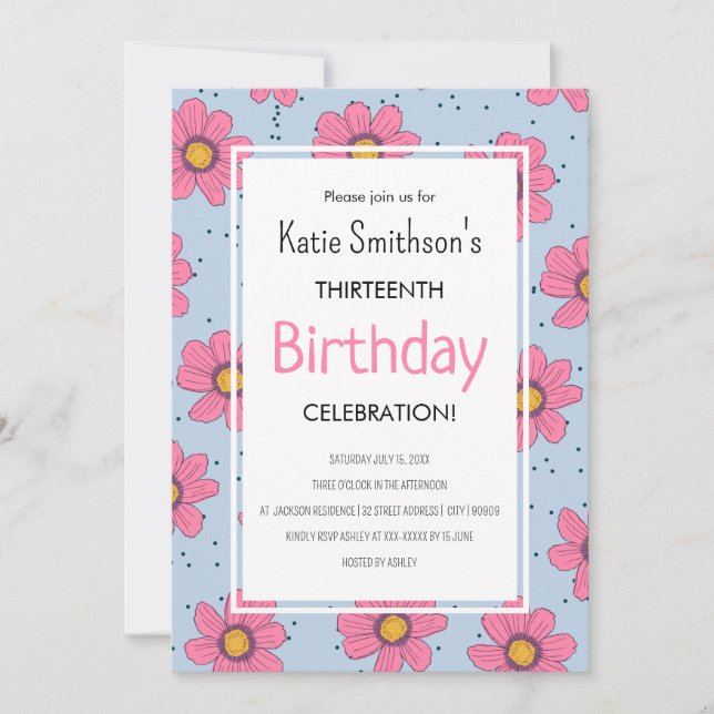 Invitation Fleurs Filles mignonnes Pastel Rose & Bleu Anniver (Devant)