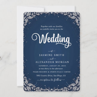 Invitation Fleurs Florales Bleu Marine Mariage Simple