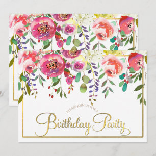 Invitation Fleurs florales d'aquarelle Fête d'anniversaire mo
