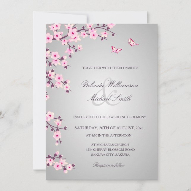 Invitation Fleurs florales de cerisier rose gris Mariage (Devant)
