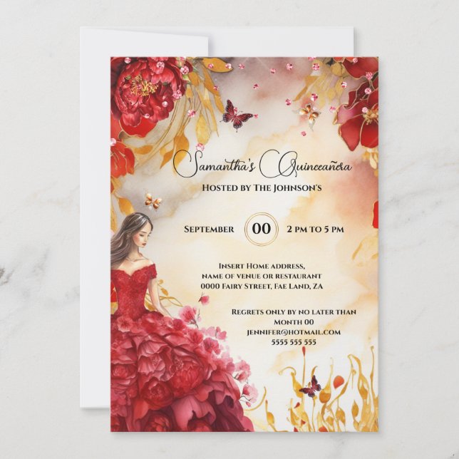Invitation Fleurs florales de la pivoine de Quinceañera rouge (Devant)