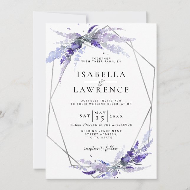 Invitation Fleurs florales Lavande Mariage d'argent violet (Devant)