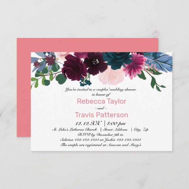 Invitation Fleurs florales rose - Wedding shower 3x5 Couples (Devant / Derrière)