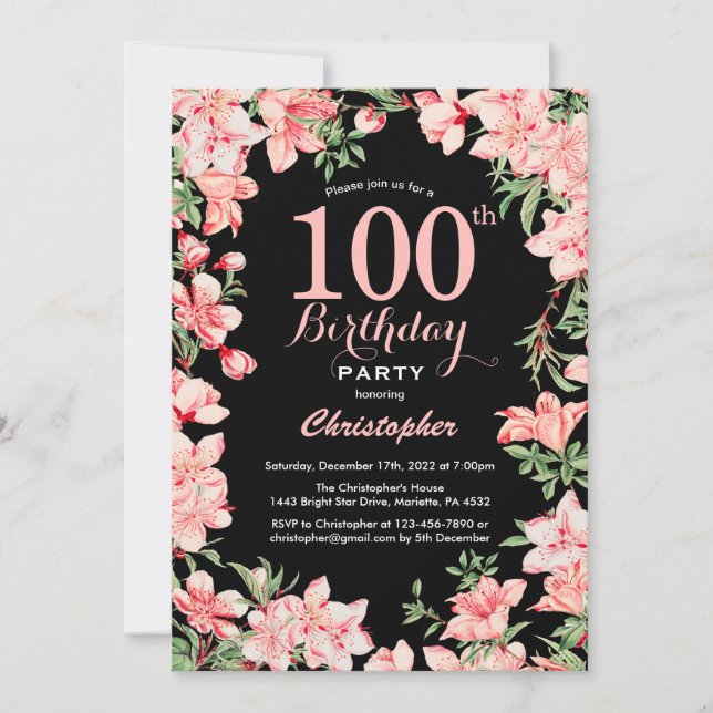 Invitation Fleurs florales roses 100e anniversaire Fond noir (Devant)