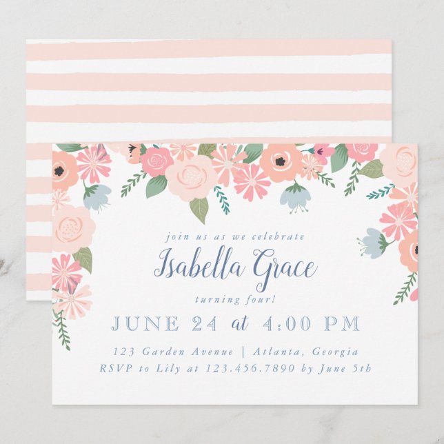 Invitation Fleurs florales roses fête d'anniversaire (Devant / Derrière)
