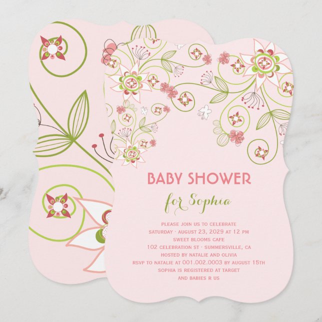Invitation Fleurs florales roses Whimsical Chic Baby shower f (Devant / Derrière)