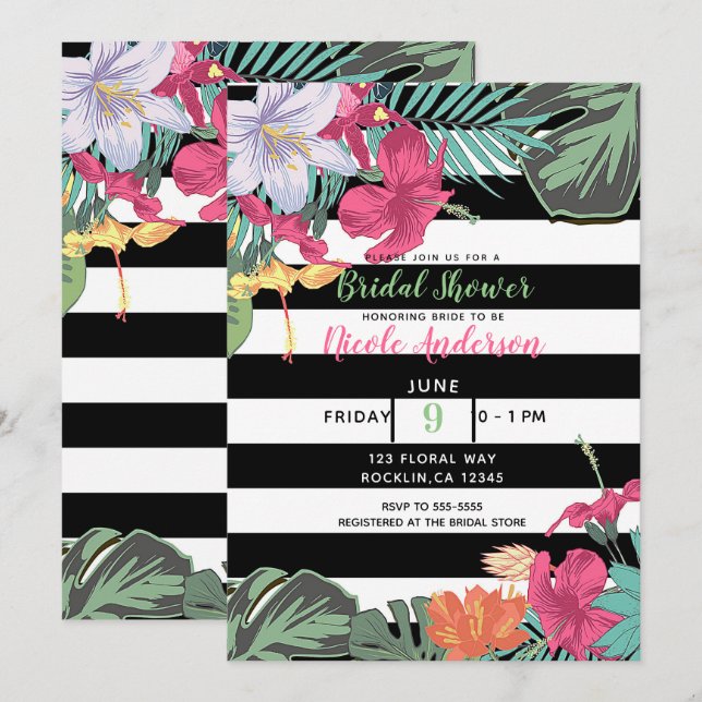 Invitation Fleurs florales tropicales Feuilles Blancs noirs (Devant / Derrière)