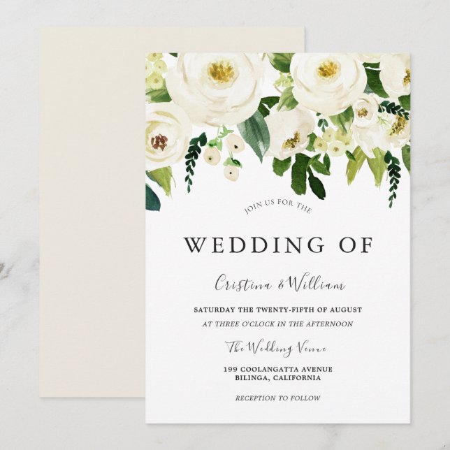 Invitation Fleurs florissantes blanches Mariage élégant (Devant / Derrière)
