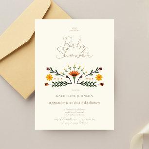 Invitation Fleurs folkloriques élégantes Beige Fête de naissa