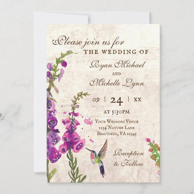 Invitation Fleurs Foxglove, Colibri Tout en un Mariage (Devant)