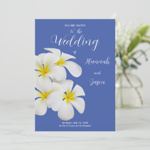 Invitation Fleurs frangipanières blanches, en bleu, Mariage f