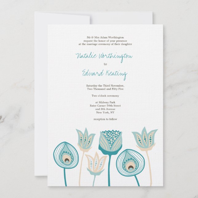 Invitation Fleurs funky mariages Turquoise Blue Ivory (Devant)
