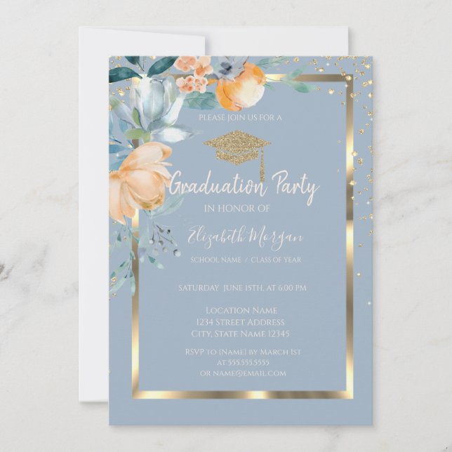 Invitation Fleurs Gold Grad Casquette Dusty Blue Graduation (Devant)