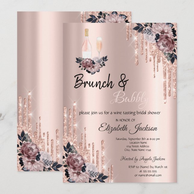 Invitation Fleurs, gouttes Brunch & Fête des mariées Bubbly (Devant / Derrière)