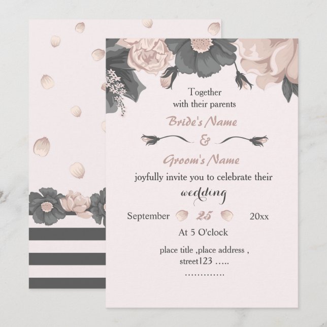 Invitation fleurs gris rose poussiéreux mariage extraordinair (Devant / Derrière)