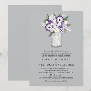 Invitation Fleurs Gris Violet Mason Jar MARIAGE