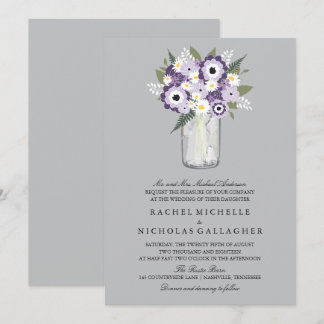 Invitation Fleurs Gris Violet Mason Jar | MARIAGE