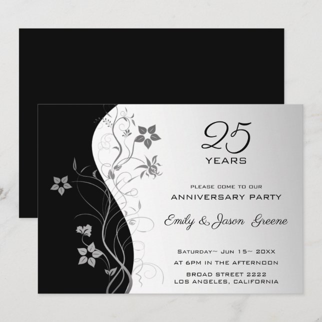 Invitation Fleurs Grises Arrière - plans Noires Et Argent (Devant / Derrière)