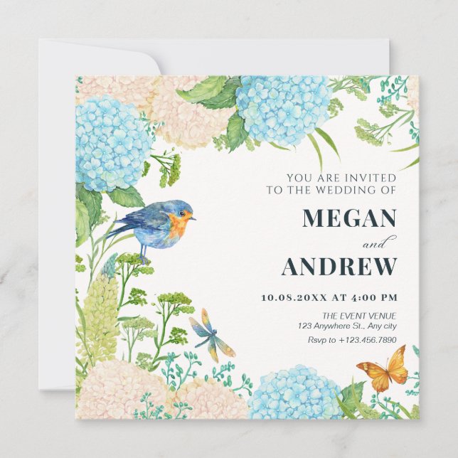 Invitation Fleurs Hydrangea mariage de papillon d'oiseaux (Devant)