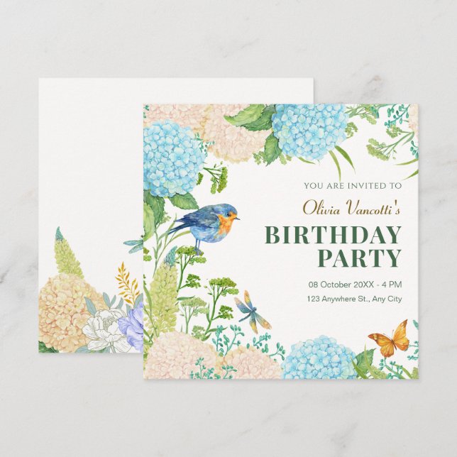 Invitation Fleurs Hydrangea Oiseau papillon anniversaire (Devant / Derrière)