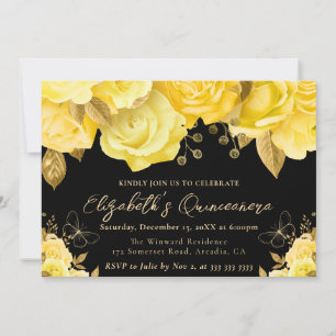 Invitation Fleurs Jaune et Or Aquarelle Quinceanera