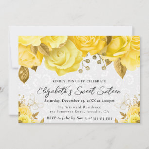 Invitation Fleurs Jaune et Or Aquarelle Sweet Sixteen