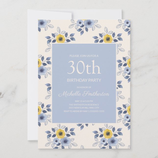 Invitation Fleurs jaunes bleu foncé Blanc 30e anniversaire (Devant)