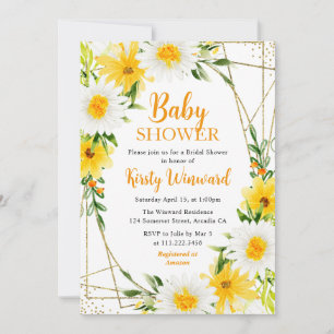 Invitation Fleurs jaunes d'été et Baby Shower avec cadre doré