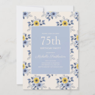 Invitation Fleurs jaunes et bleu poussiéreux pour 75 ans