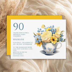 Invitation Fleurs jaunes et bleues de tasse à thé pour 90e an