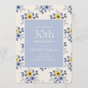 Invitation Fleurs jaunes et bleues poussiéreuses Blanc 30e an