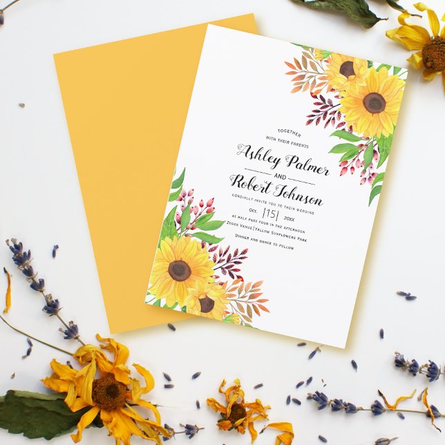 Invitation Fleurs jaunes et feuilles d'automne mariage (Créateur téléchargé)