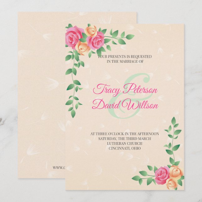 Invitation Fleurs Jaunes Et Roses Mariage (Devant / Derrière)
