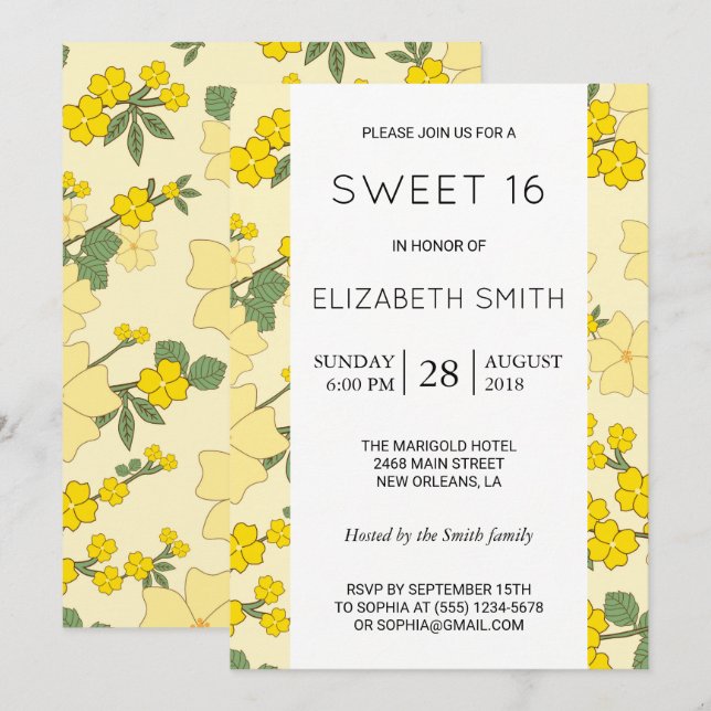 Invitation Fleurs Jaunes, Motif De Fleurs, Douce 16 (Devant / Derrière)