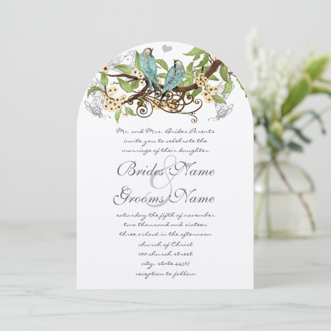 Invitation Fleurs Jaunes Piscine Bleu Oiseaux Mariage Inviter (Debout devant)