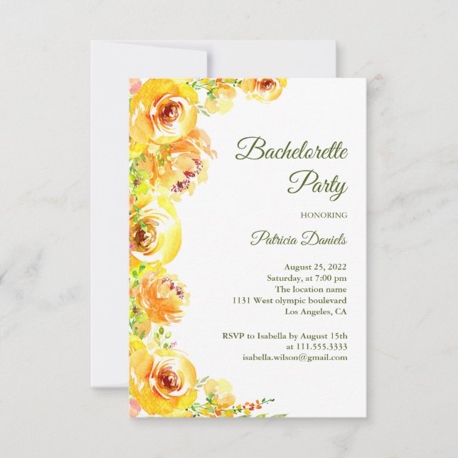 Invitation Fleurs jaunes. Soirée Bachelorette fleurie (Devant)