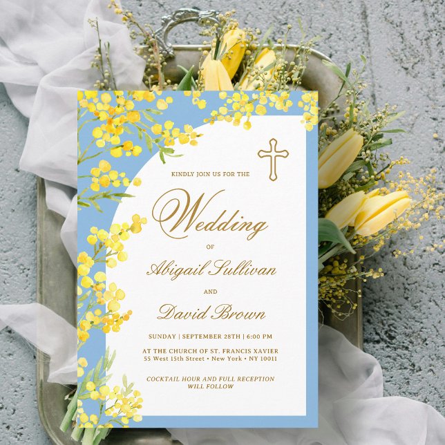 Invitation Fleurs jaunes sur bleu clair Mariage religieux (Créateur téléchargé)