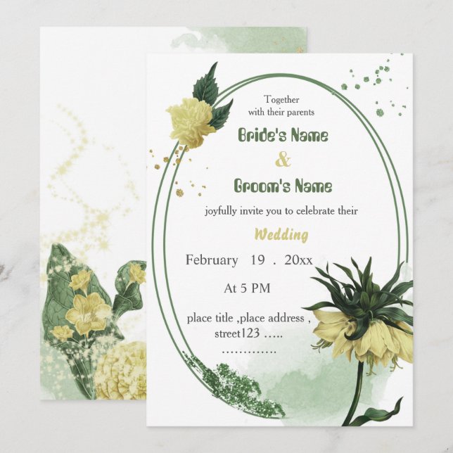 Invitation fleurs jaunes verdure mariage (Devant / Derrière)