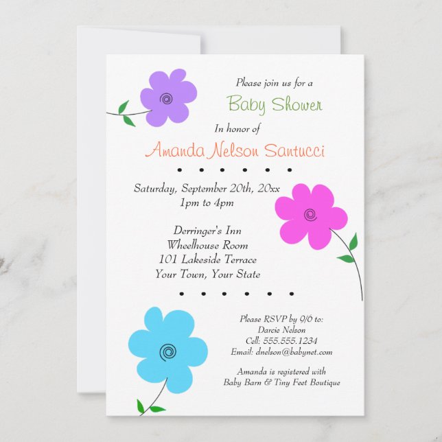 Invitation Fleurs joyeuses Baby shower garçon ou fille (Devant)