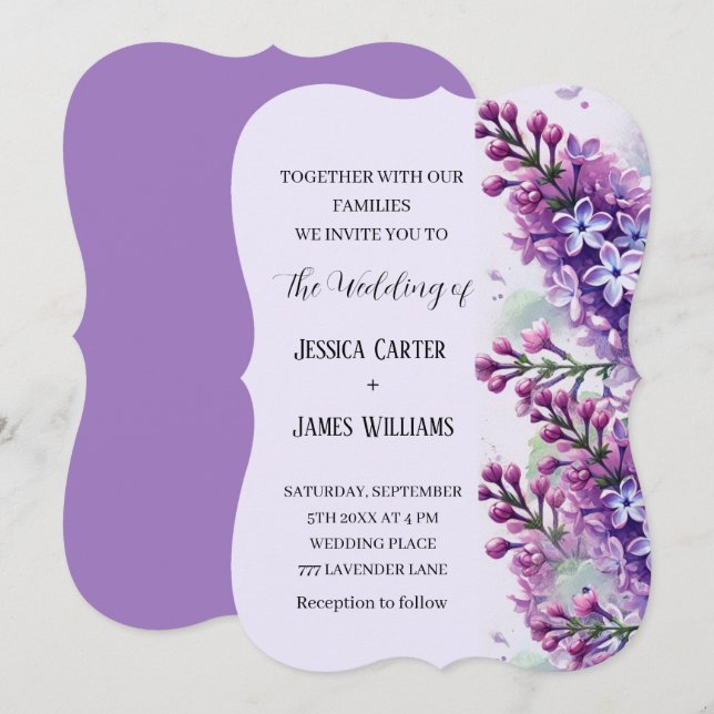 Invitation Fleurs Lilac Aquarelle Mariage rustique (Devant / Derrière)