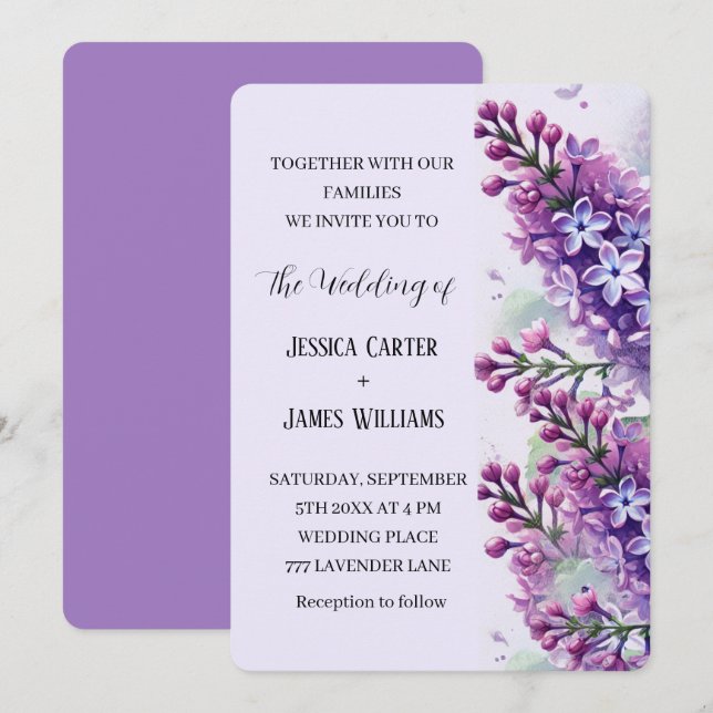 Invitation Fleurs Lilac Aquarelle Mariage rustique (Devant / Derrière)
