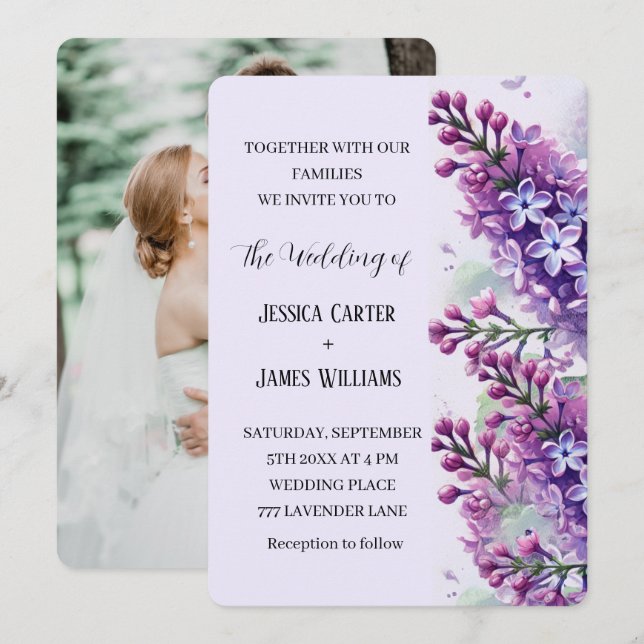 Invitation Fleurs Lilac Aquarelle Rustique Mariage photo (Devant / Derrière)