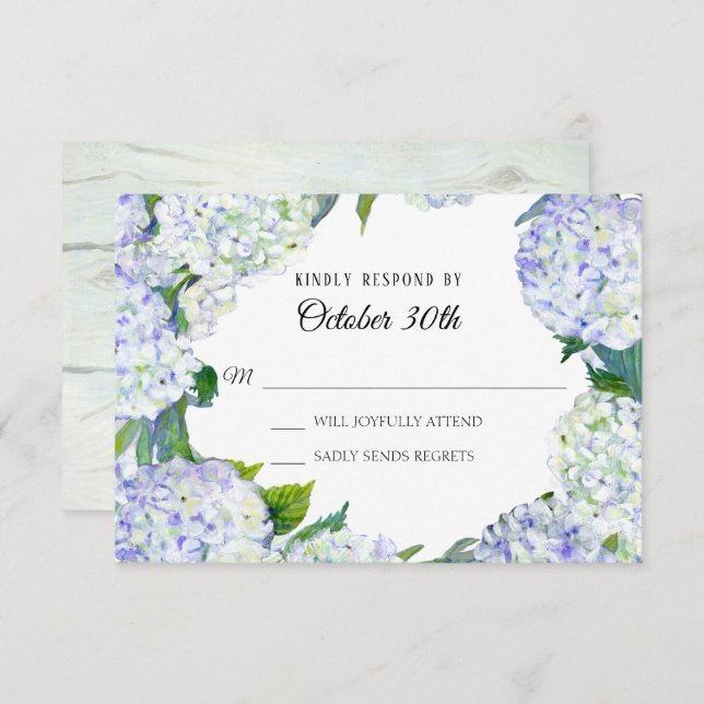 Invitation Fleurs Lilas Blanc Hydrangea avec Bois RSVP Mariag (Devant / Derrière)