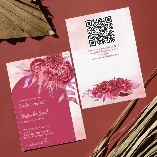 Invitation Fleurs magenta crimson bordeaux voûte de mariage (Créateur téléchargé)