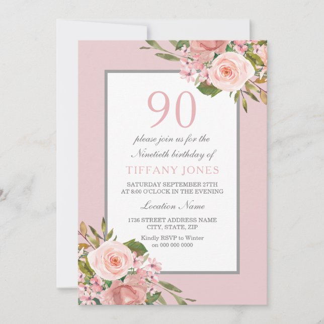 Invitation Fleurs magnifiques femmes 90e anniversaire Invitat (Devant)
