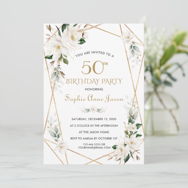 Invitation Fleurs Magnolia Blanches Or 50e anniversaire (Debout devant)